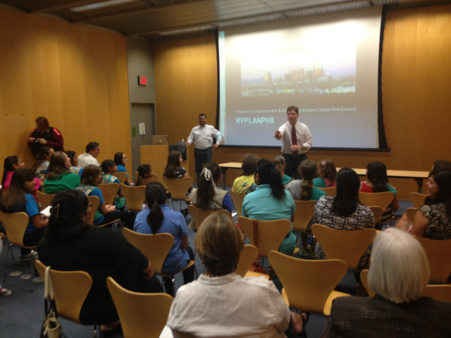 Mayor Stanton and Councilman Nowakowski open the PlanPHX event with the girl scouts.