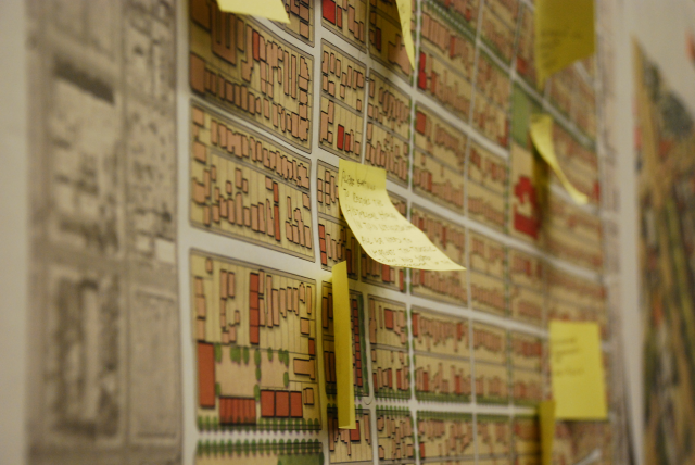 Post it note comments hang off the presentation boards after attendees provided constructive criticism and local knowledge of the area.