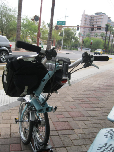 My Brompton folding bike rolls easily on to the light rail cars for my commute to school, internship and just about everywhere else I go.