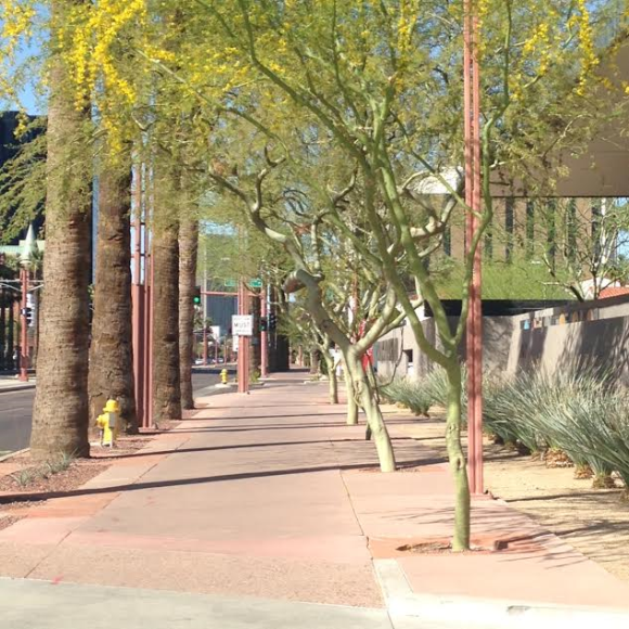 Wider sidewalks with shade and street buffers (like trees!) will encourage more walking. This is in front of PHX Art Museum.