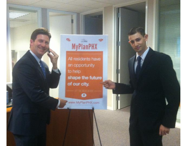 Mayor Stanton with Benjamin Stern after recording Benjamin's voice mail greeting.