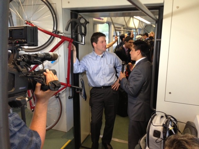 Mayor Stanton discussing PlanPHX on a Light Rail.