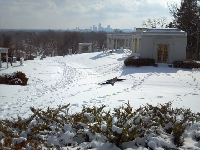 Skyline view from highest point in Crown Hill Cemetery....and making snow angels
