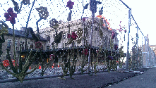 Local artisans have personalized a construction site with knitted flowers.