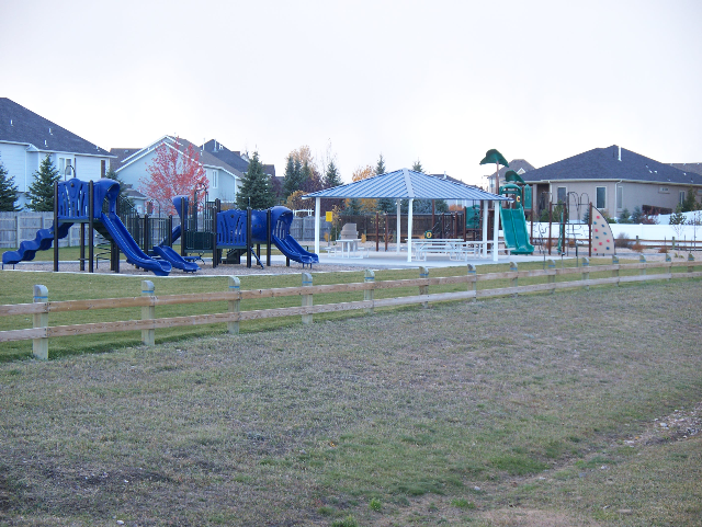 This photo shows a neighborhood park with playground