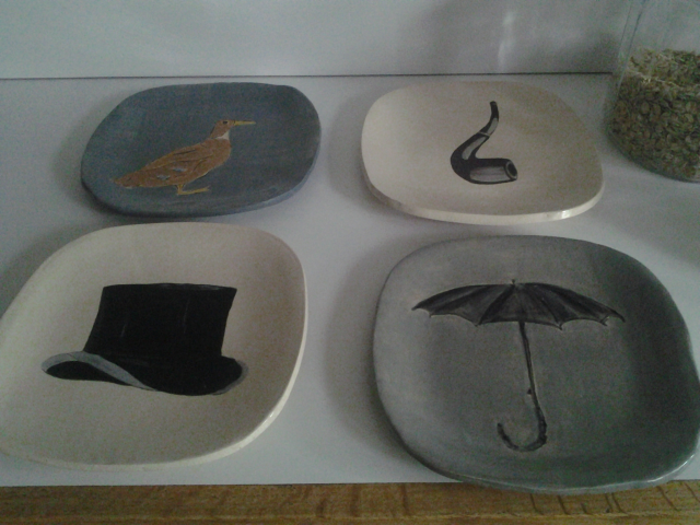 Plates made at the Ridge Park Ceramics class. 