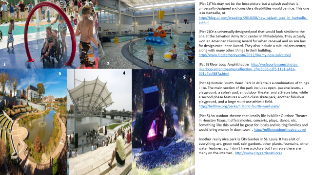My ideas are probably too active but some could probably be used.
An outdoor theater, splash pad, gardens, etc.
