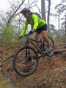 Mountain biker Yvette Skinners descends a root-covered section of the trails at Lake Chicot.