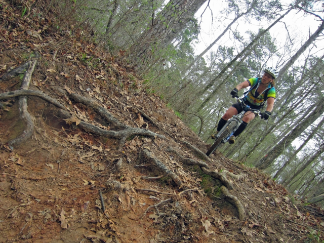 Mountain biker Gaby Bayhi riding the trails at Lake Chicot.