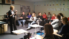 Staff enjoying a presentation by ESU #3 staff developer, Janet Foss, on March 14, 2013 - Hourly Staff Development Day.