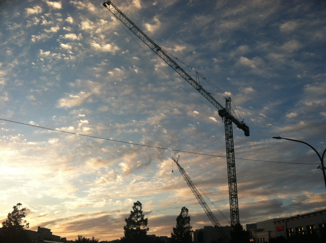 Crane at sunset, downtown RWC, taken from Downtown Library parking lot by Lorianna Kastrop