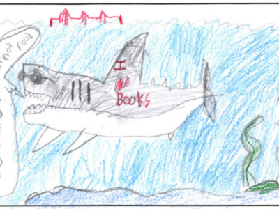 Awesome great white shark loves books. 