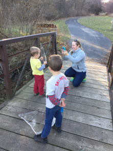 Playing with the newly formed ice over the stream. Nice place for a family walk after a big Thanksgiving dinner.