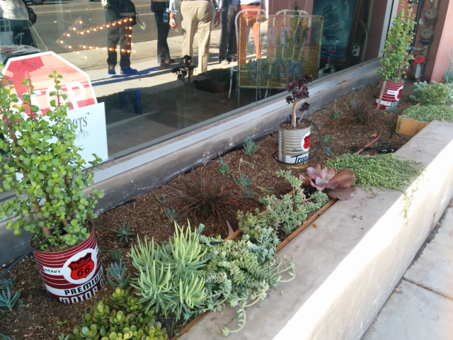 Creative use of recycled materials for planting at a home decor shop on Lincoln
